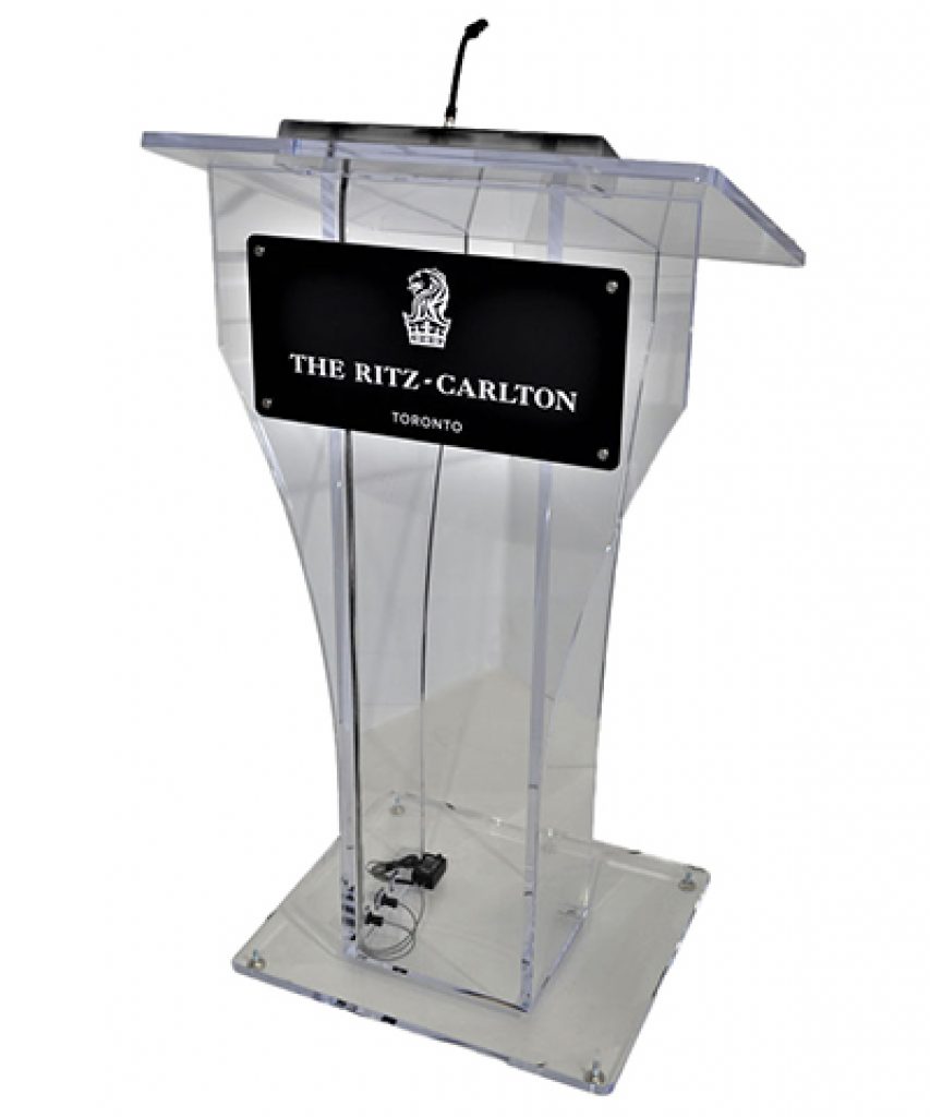 Customized acrylic lectern with logo for Ritz Carlton Toronto