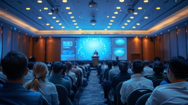 a person giving a speech in a conference hall behind an av-integrated lectern