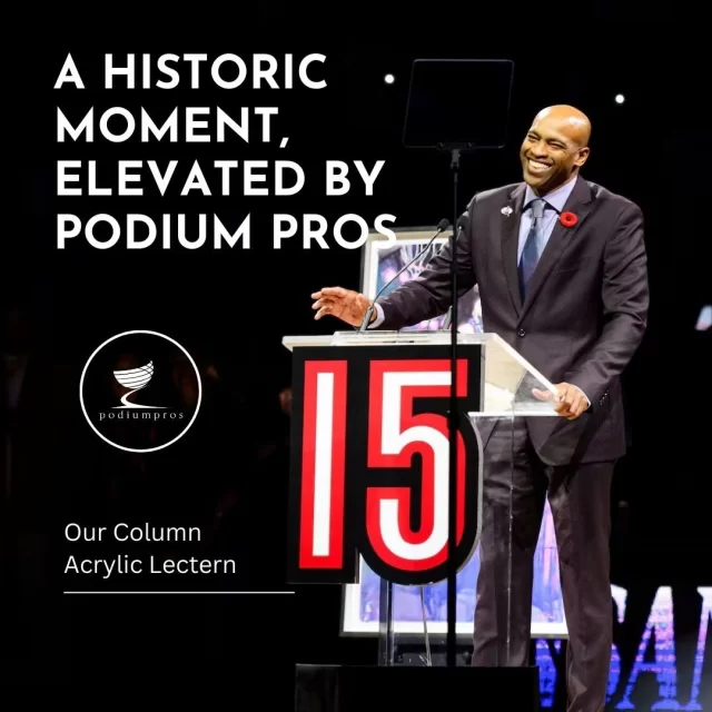 A Historic Moment, Elevated by Podium Pros. We were honored to be a part of Vince Carter's jersey retirement ceremony this weekend, a landmark event for the Toronto Raptors. Our Column Acrylic Lectern with Connections took center stage as the Raptors celebrated the legendary Vinsanity! 🏀  https://www.podiumpros.com/industries/lecterns-for-sports-teams/  #VinceCarter #Raptors #JerseyRetirement #PodiumPros #Podiums #Lecterns #NBA